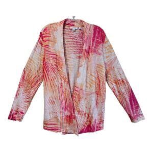 CHICO'S 2 Women's L Linen Cardigan Sweater Open Pink Oranges Palm Leaves 42"